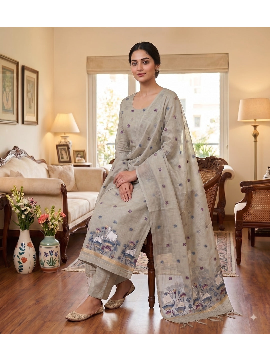 Peachmode Grey Pichwai Jamdani Muga Cotton Dress Material - Image 5
