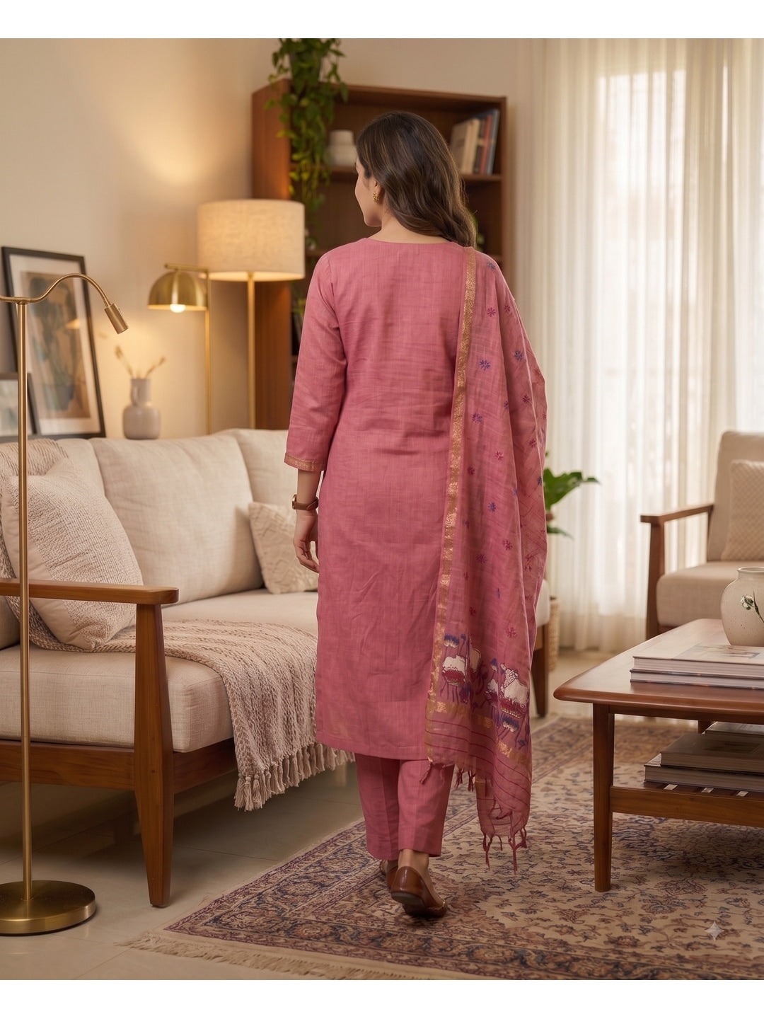 Peachmode Pink Pichwai Jamdani Muga Cotton Dress Material - Image 3