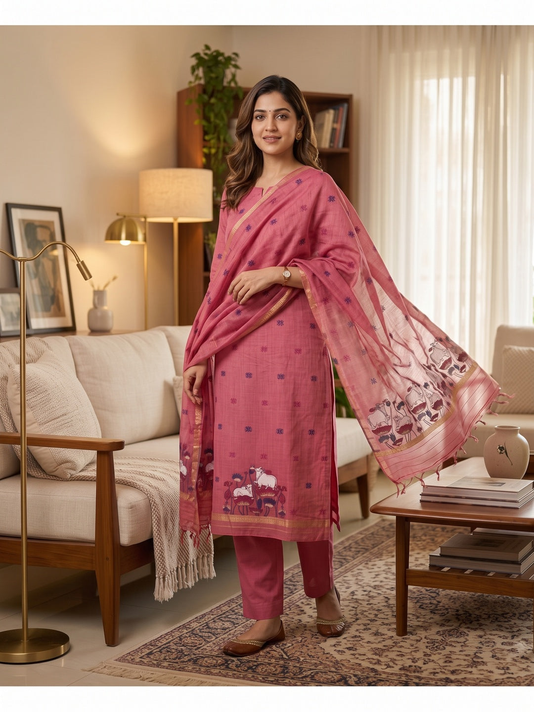 Peachmode Pink Pichwai Jamdani Muga Cotton Dress Material - Image 1