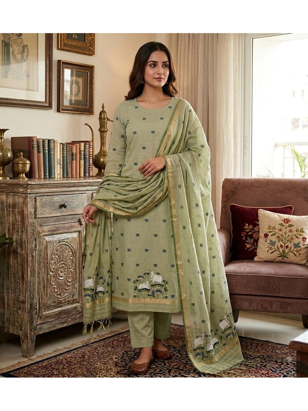 Peachmode Pista Green Pichwai Jamdani Muga Cotton Dress Material - Image 2