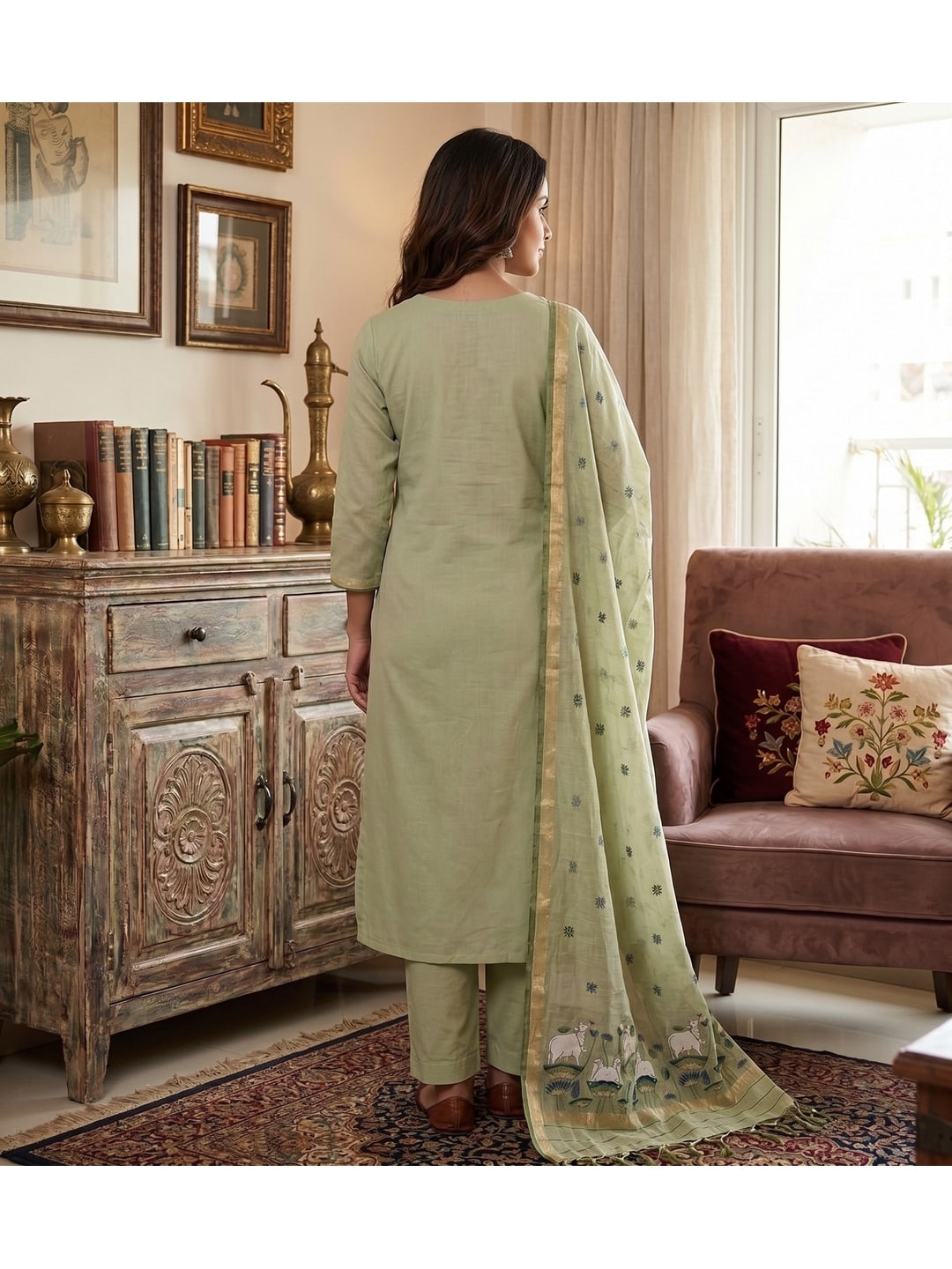 Peachmode Pista Green Pichwai Jamdani Muga Cotton Dress Material - Image 3