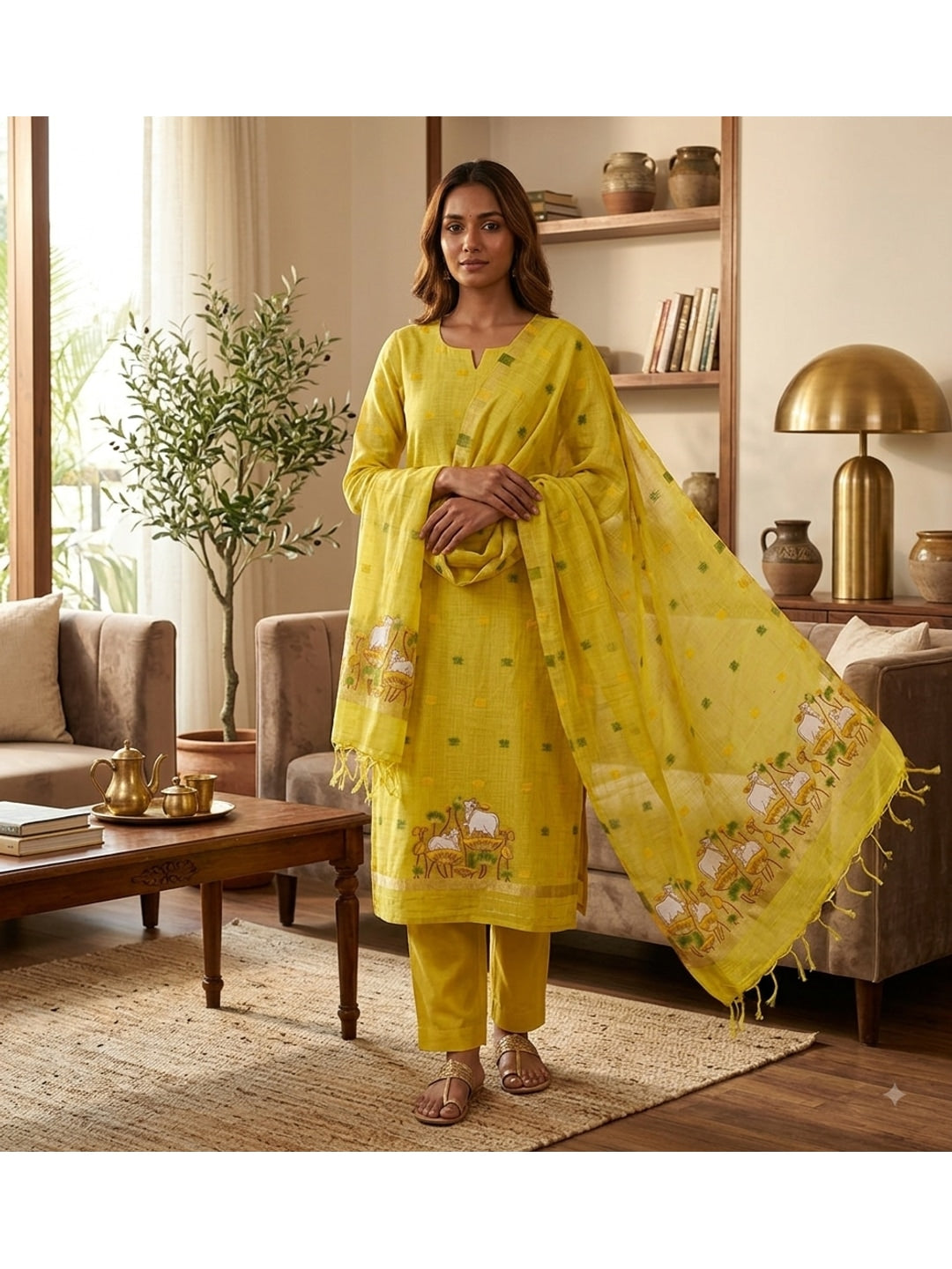 Peachmode Yellow Pichwai Jamdani Muga Cotton Dress Material - Image 2