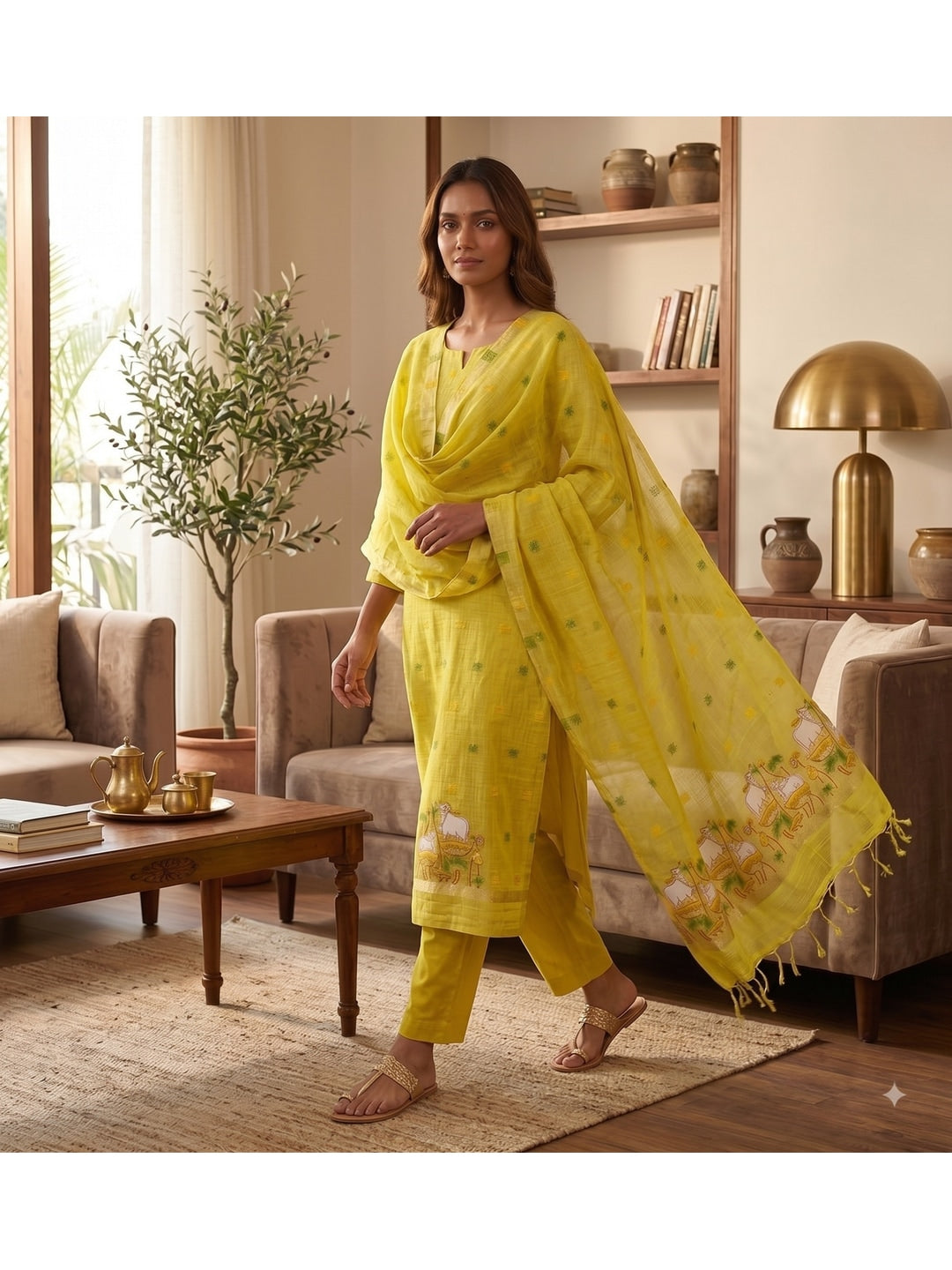 Peachmode Yellow Pichwai Jamdani Muga Cotton Dress Material - Image 4