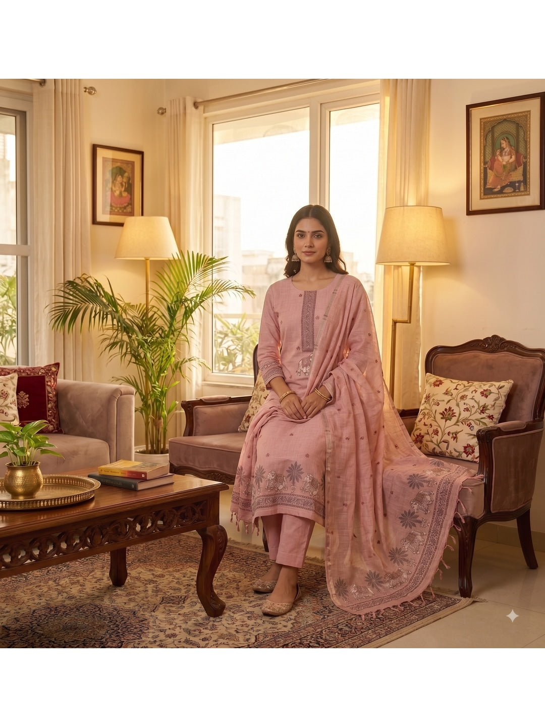 Peachmode Pink Pichwai Jamdani Muga Cotton Dress Material - Image 4
