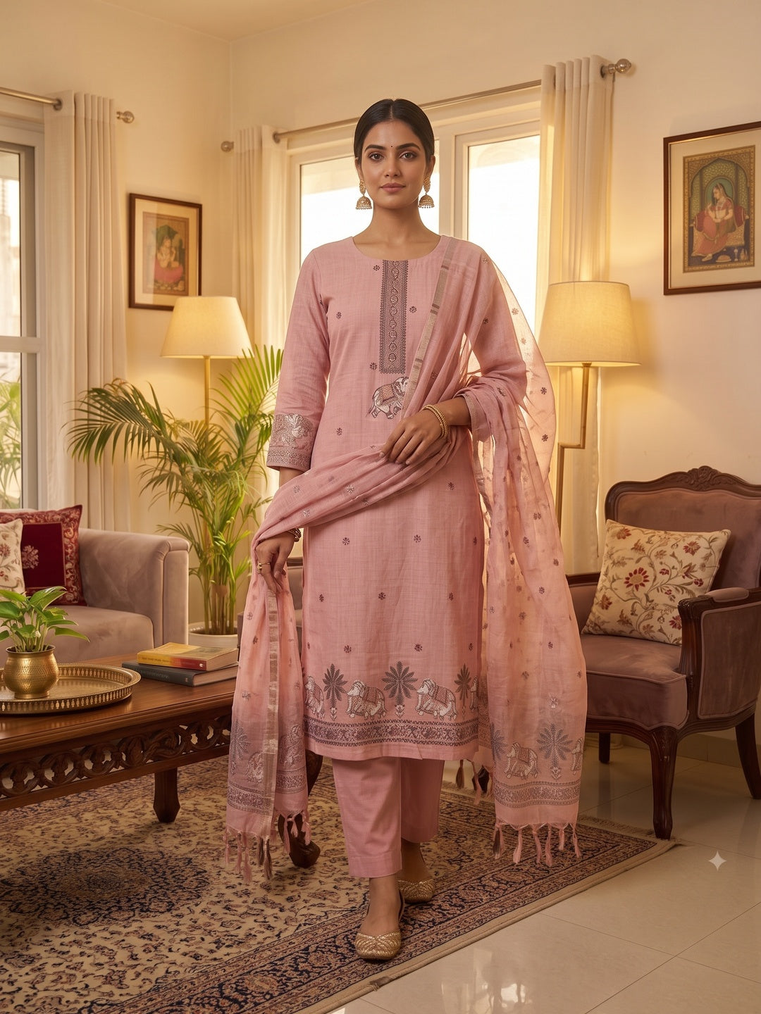 Peachmode Pink Pichwai Jamdani Muga Cotton Dress Material - Image 1