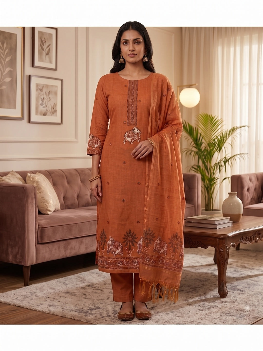 Peachmode Orange Pichwai Jamdani Muga Cotton Dress Material - Image 1