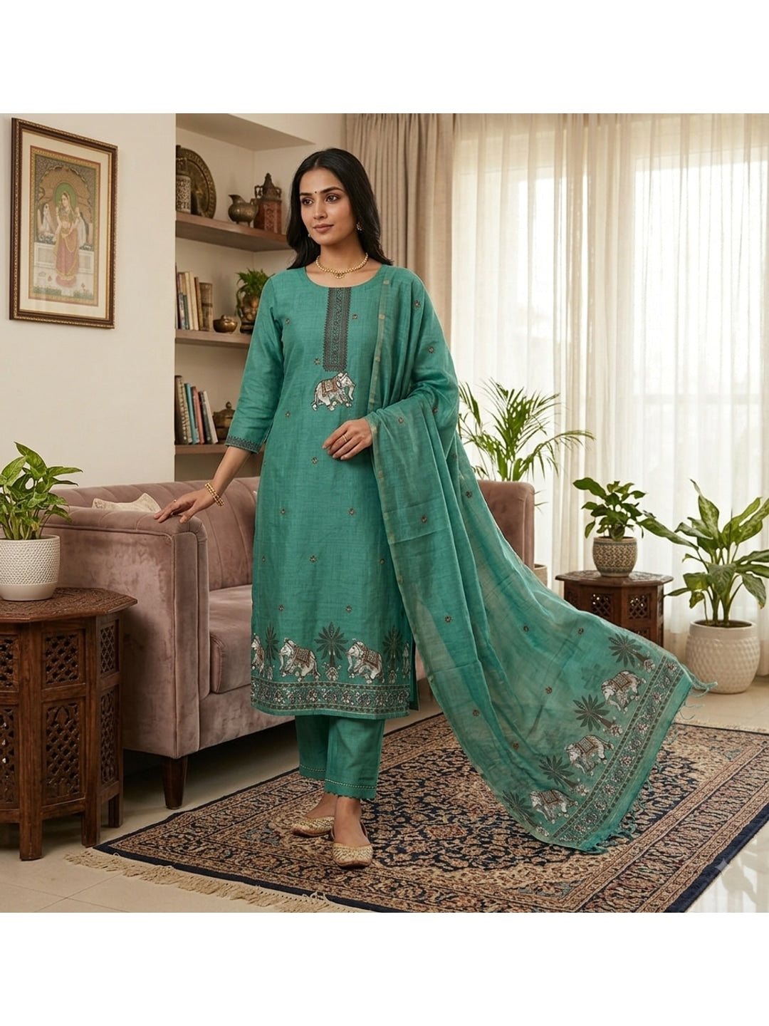 Peachmode Turquoise Pichwai Jamdani Muga Cotton Dress Material - Image 2