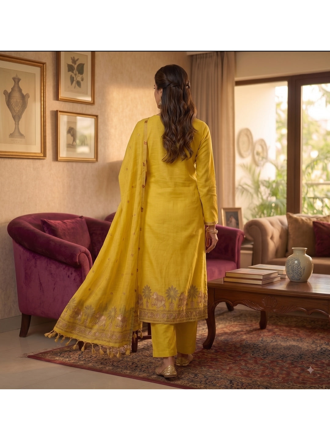 Peachmode Yellow Pichwai Jamdani Muga Cotton Dress Material - Image 3