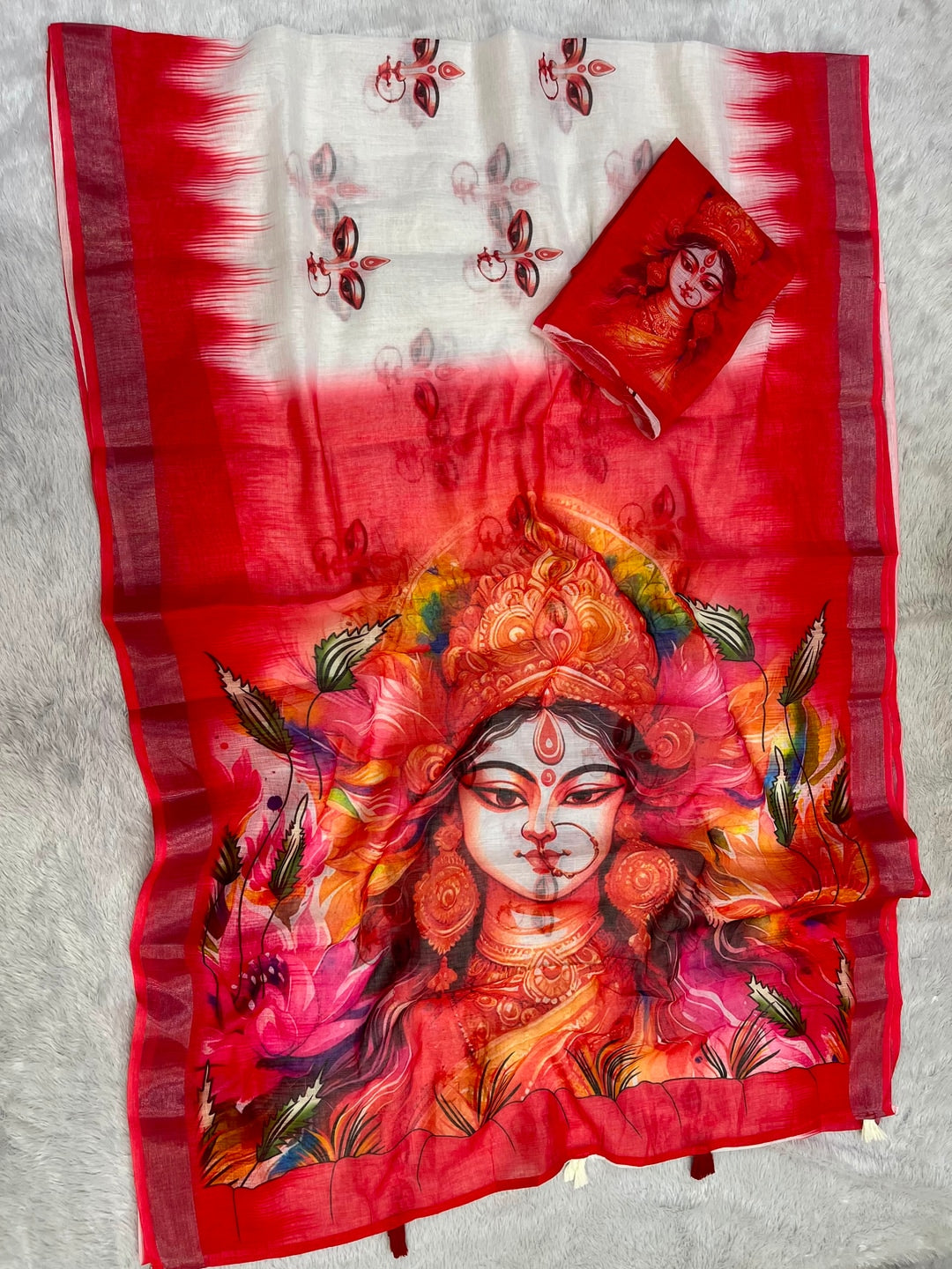 Peachmode White Red Durga Portrait Linen Cotton Saree - Image 3