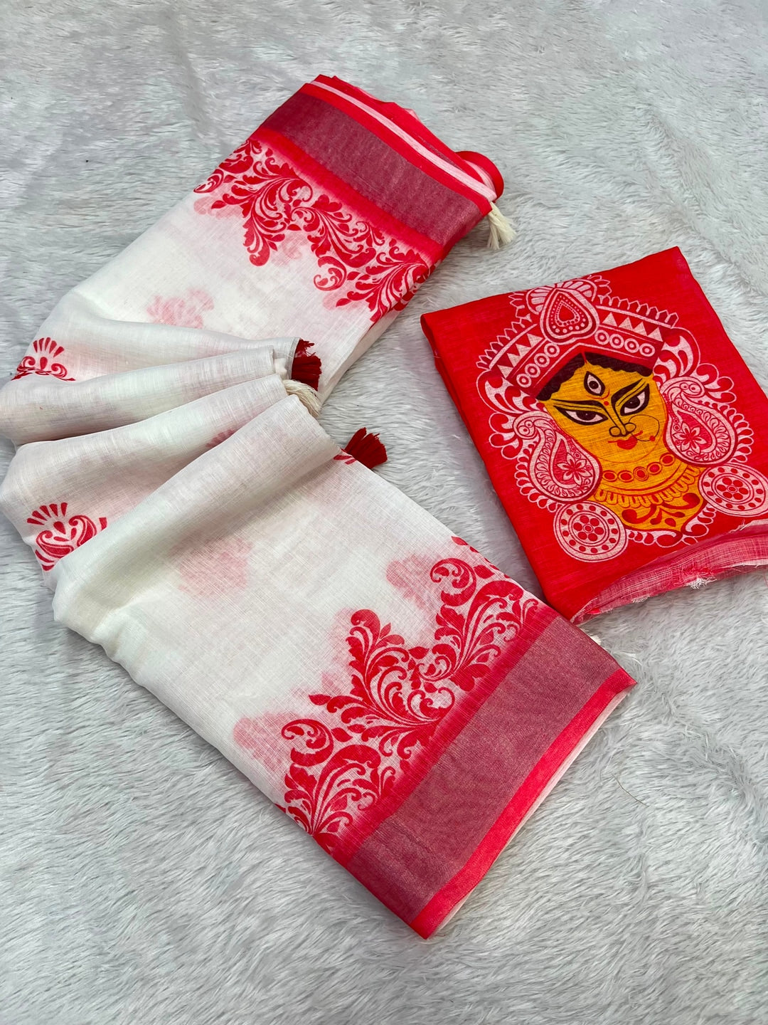 Peachmode White Red Durga Motif Linen Cotton Saree - Image 4