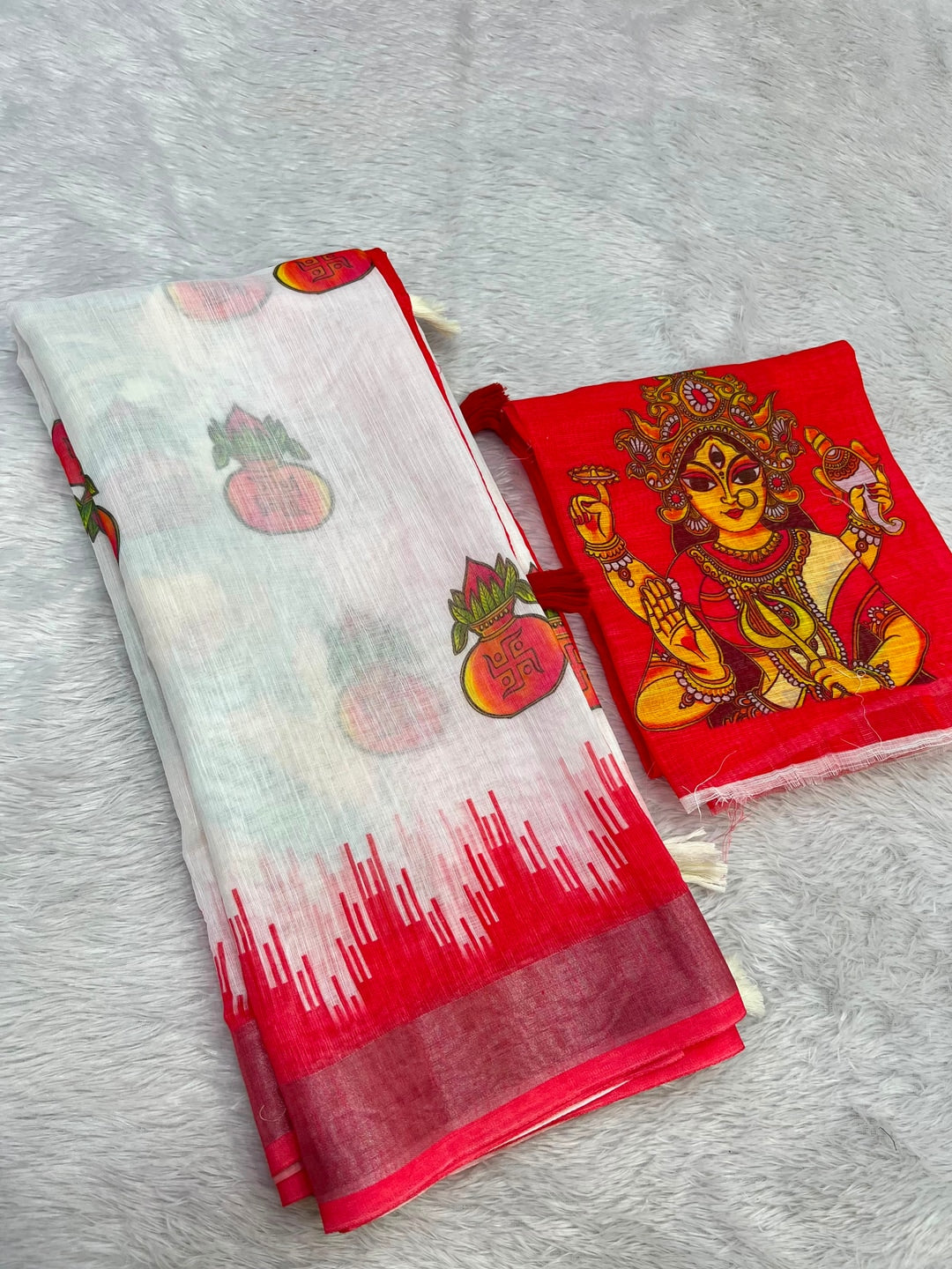 Peachmode White Red Kalash Durga Linen Cotton Saree - Image 3