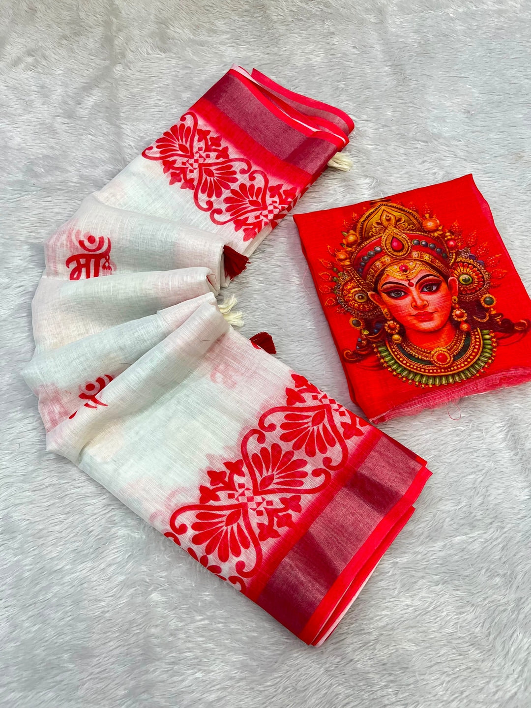 Peachmode White Red Maa Durga Linen Cotton Saree - Image 2