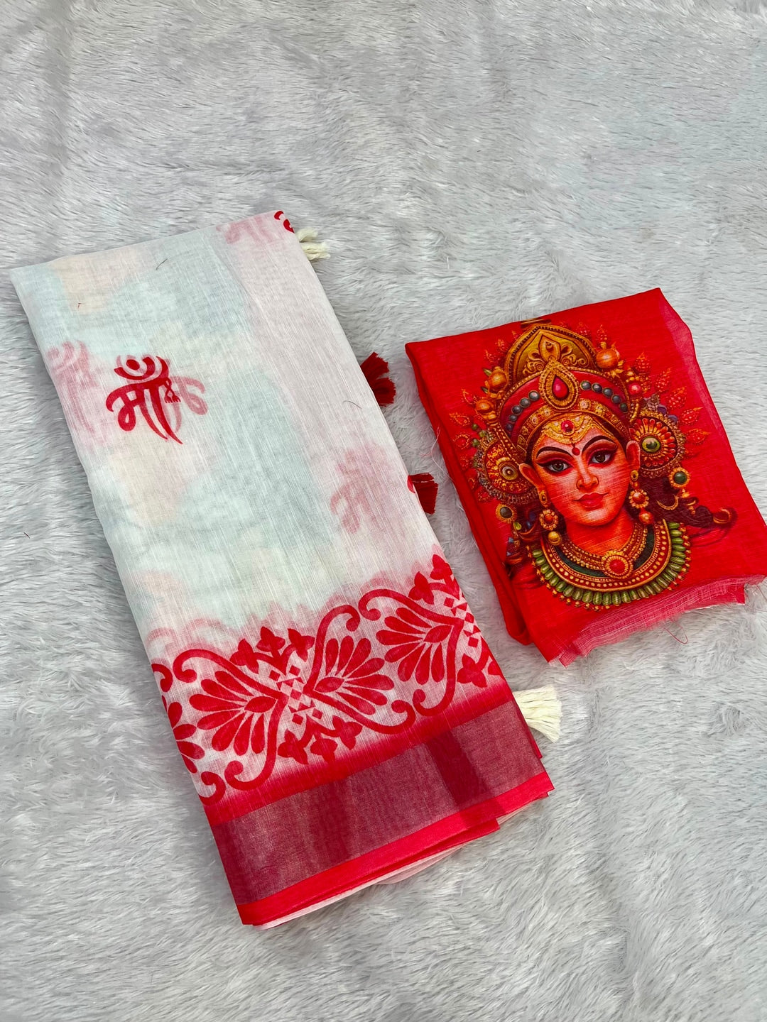 Peachmode White Red Maa Durga Linen Cotton Saree - Image 4