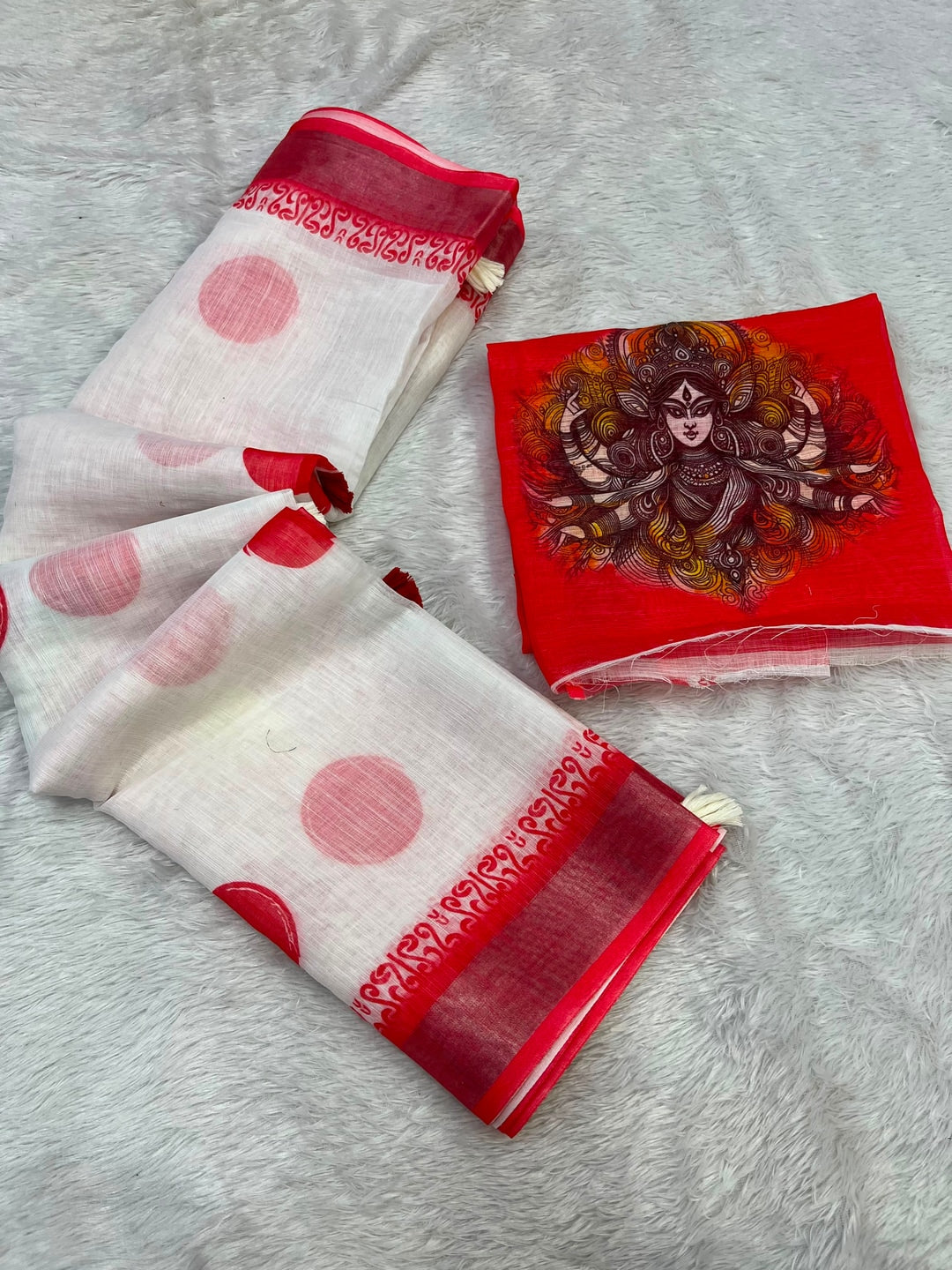 Peachmode White Red Artistic Durga Linen Cotton Saree - Image 4
