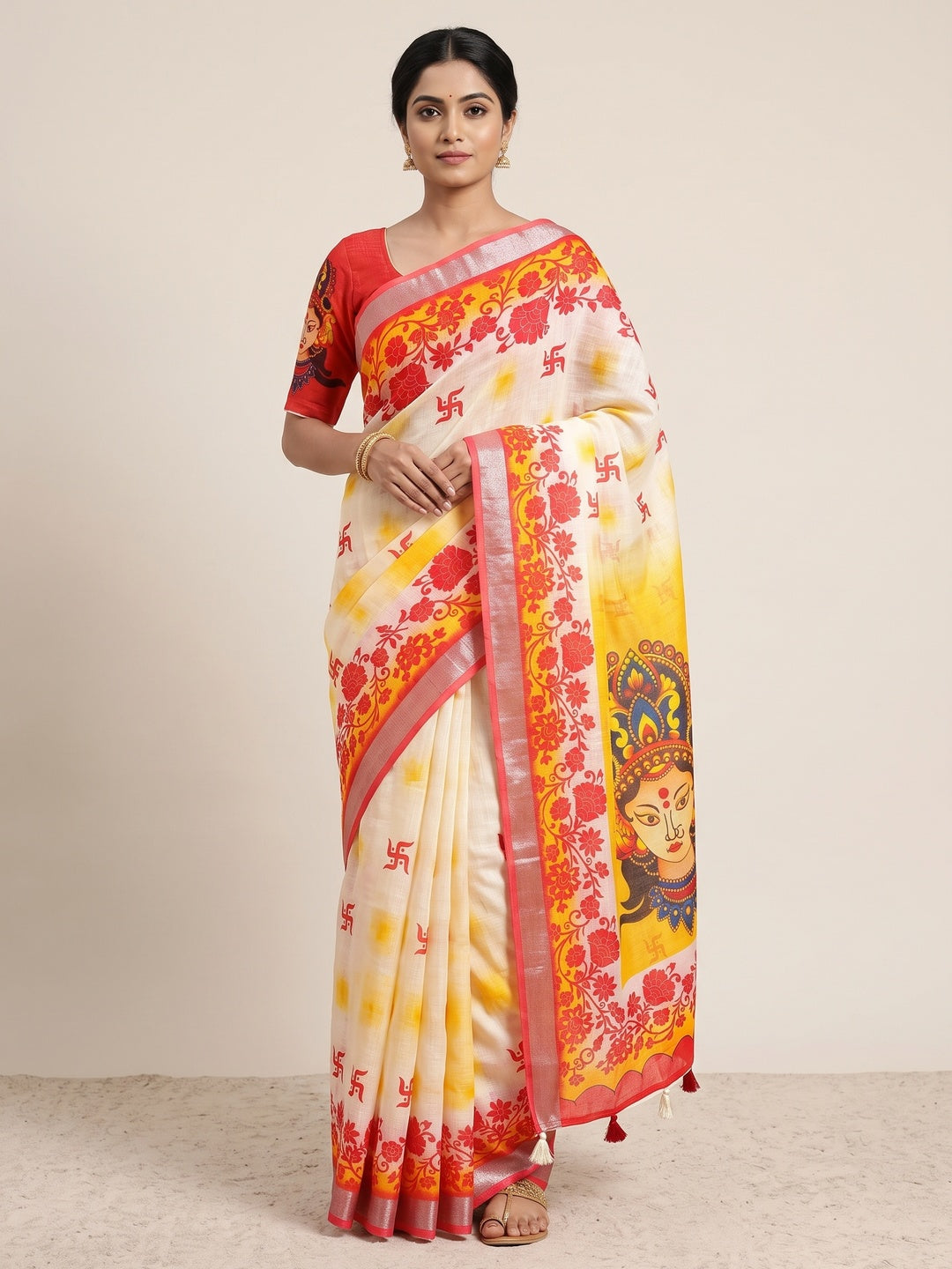 Peachmode White Yellow Durga Linen Cotton Saree - Image 1