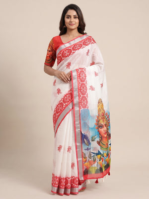 Peachmode White Red Maa Durga Linen Cotton Saree - Image 1