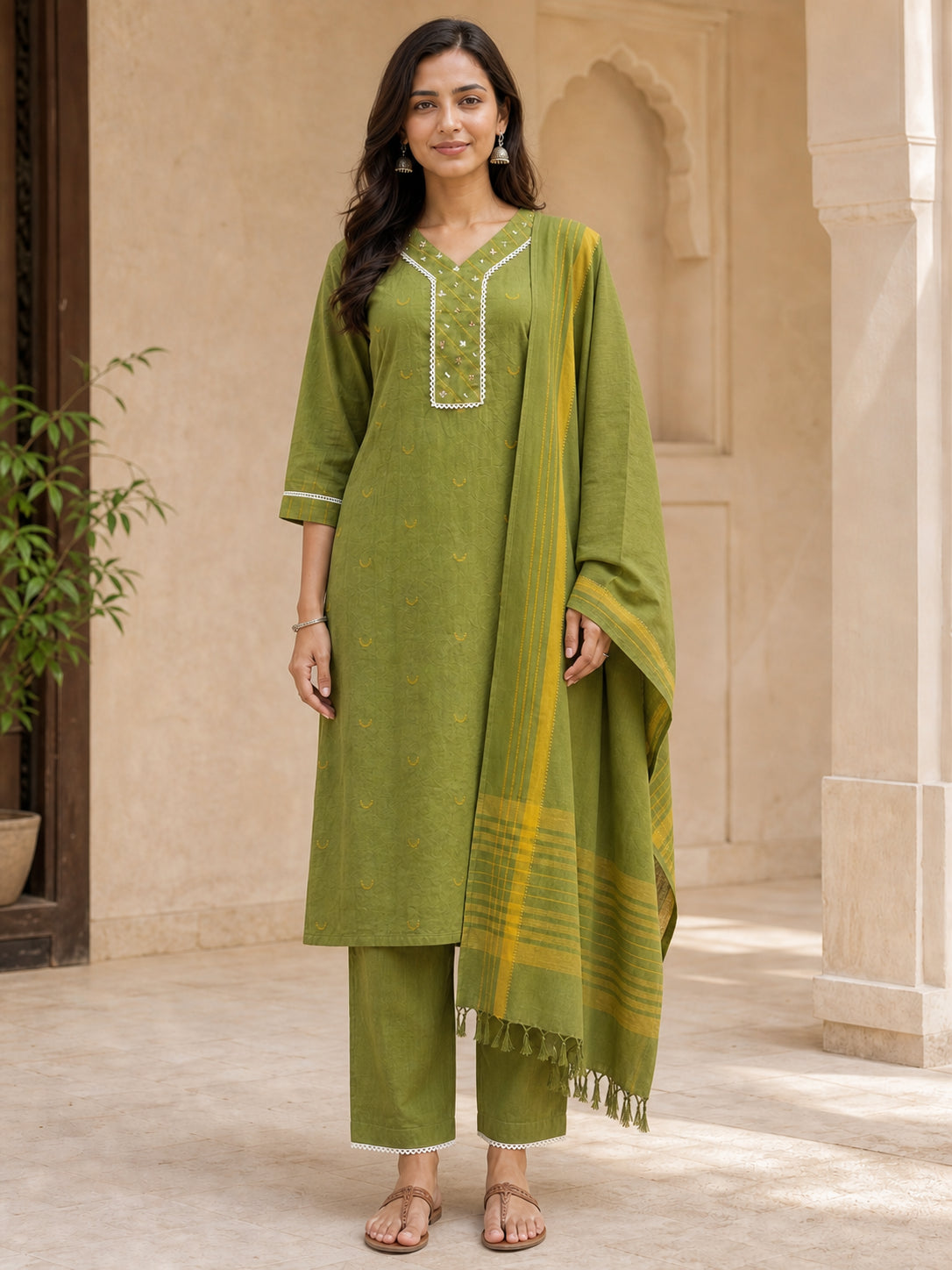 Peachmode Olive Pure Cotton Dobby Embellished Salwar Suit - Image 2