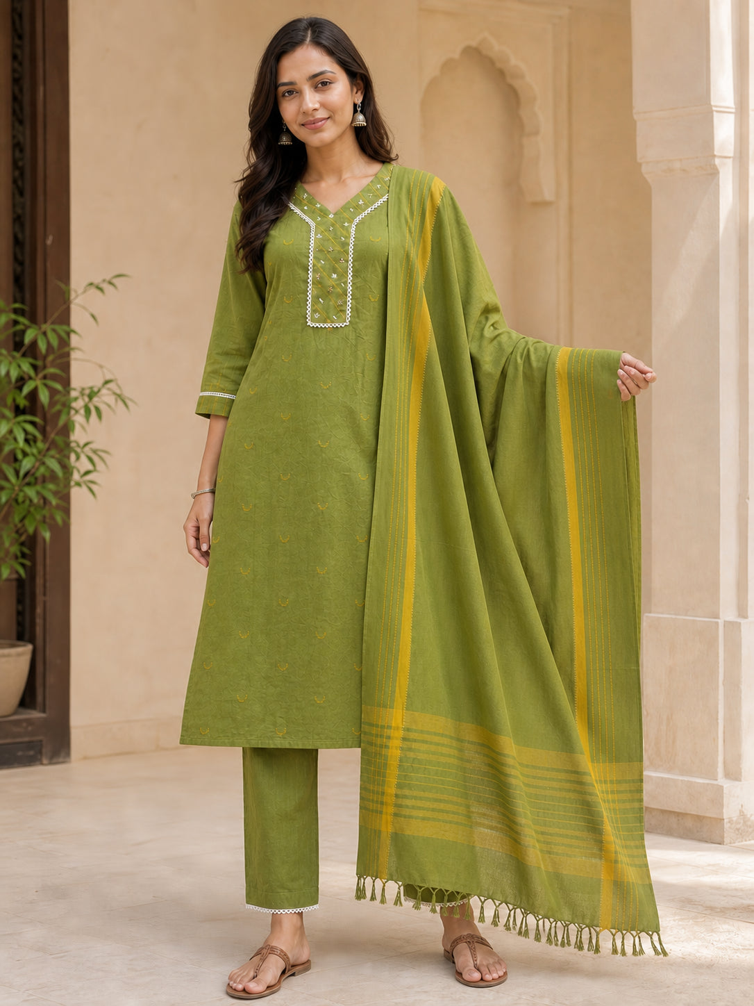 Peachmode Olive Pure Cotton Dobby Embellished Salwar Suit - Image 5