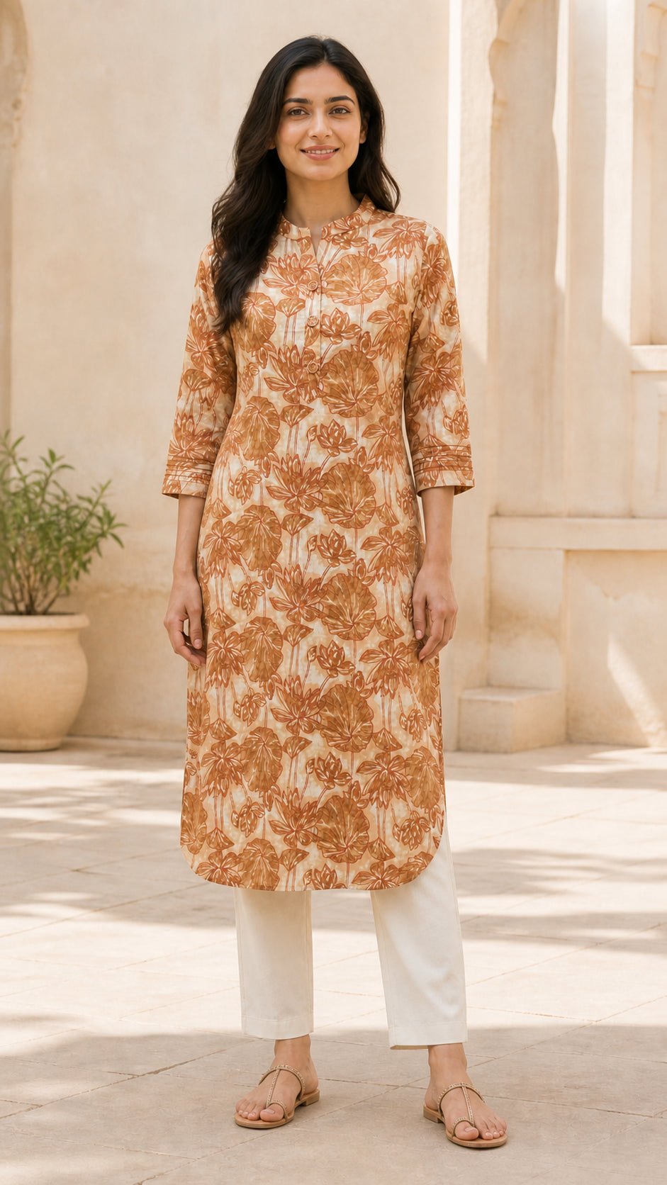 Peachmode Cream Pure Cotton Rust Floral Printed Kurti - Image 2