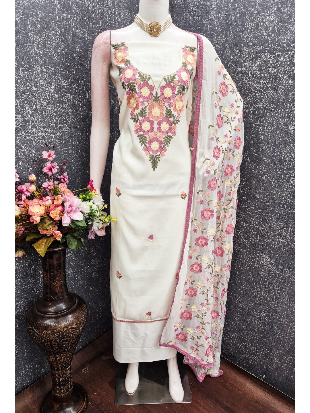 Peachmode Cream Floral Embroidered Roman Silk Dress Material - Image 2