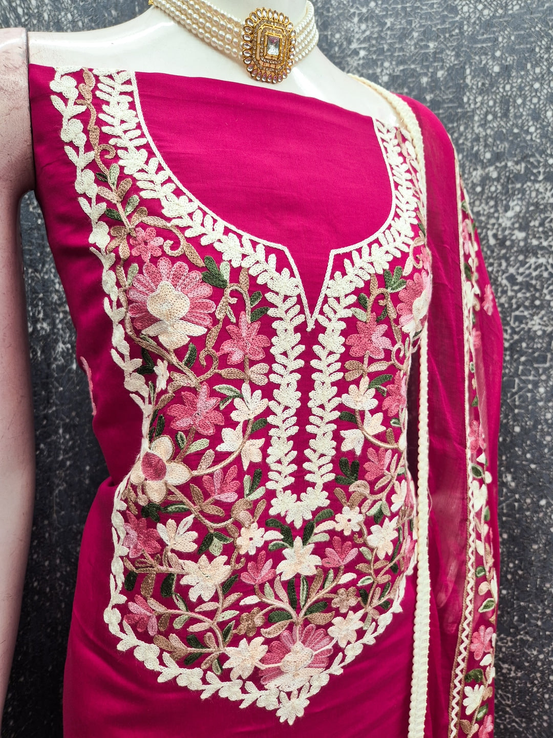 Peachmode Rani Pink Floral Embroidered Roman Silk Dress Material - Image 3