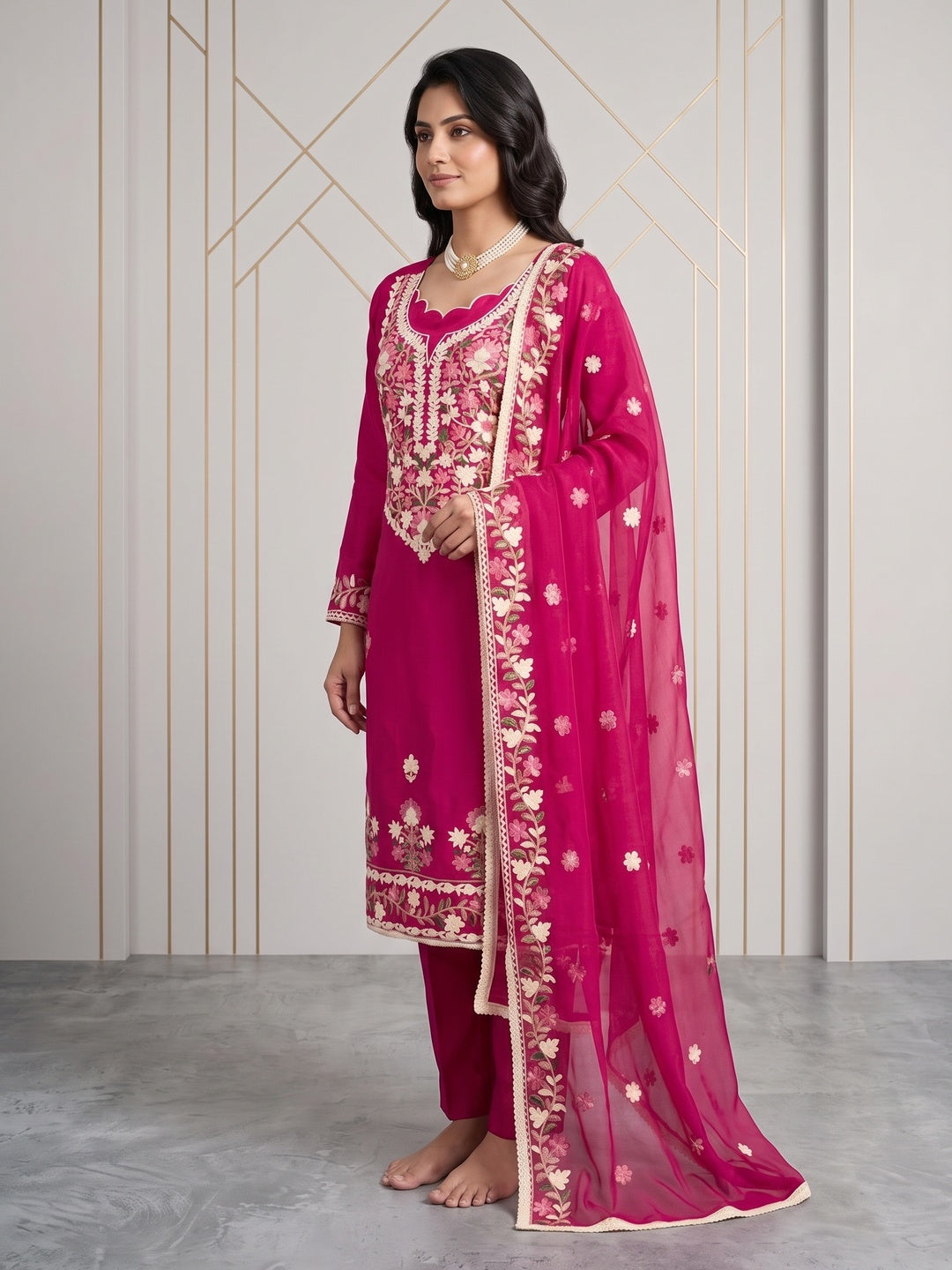 Peachmode Rani Pink Floral Embroidered Roman Silk Dress Material - Image 5