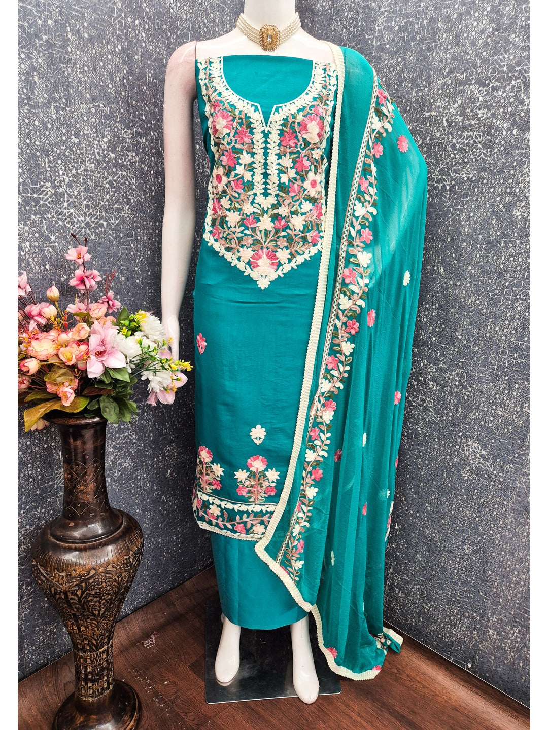 Peachmode Teal Floral Embroidered Roman Silk Dress Material - Image 2