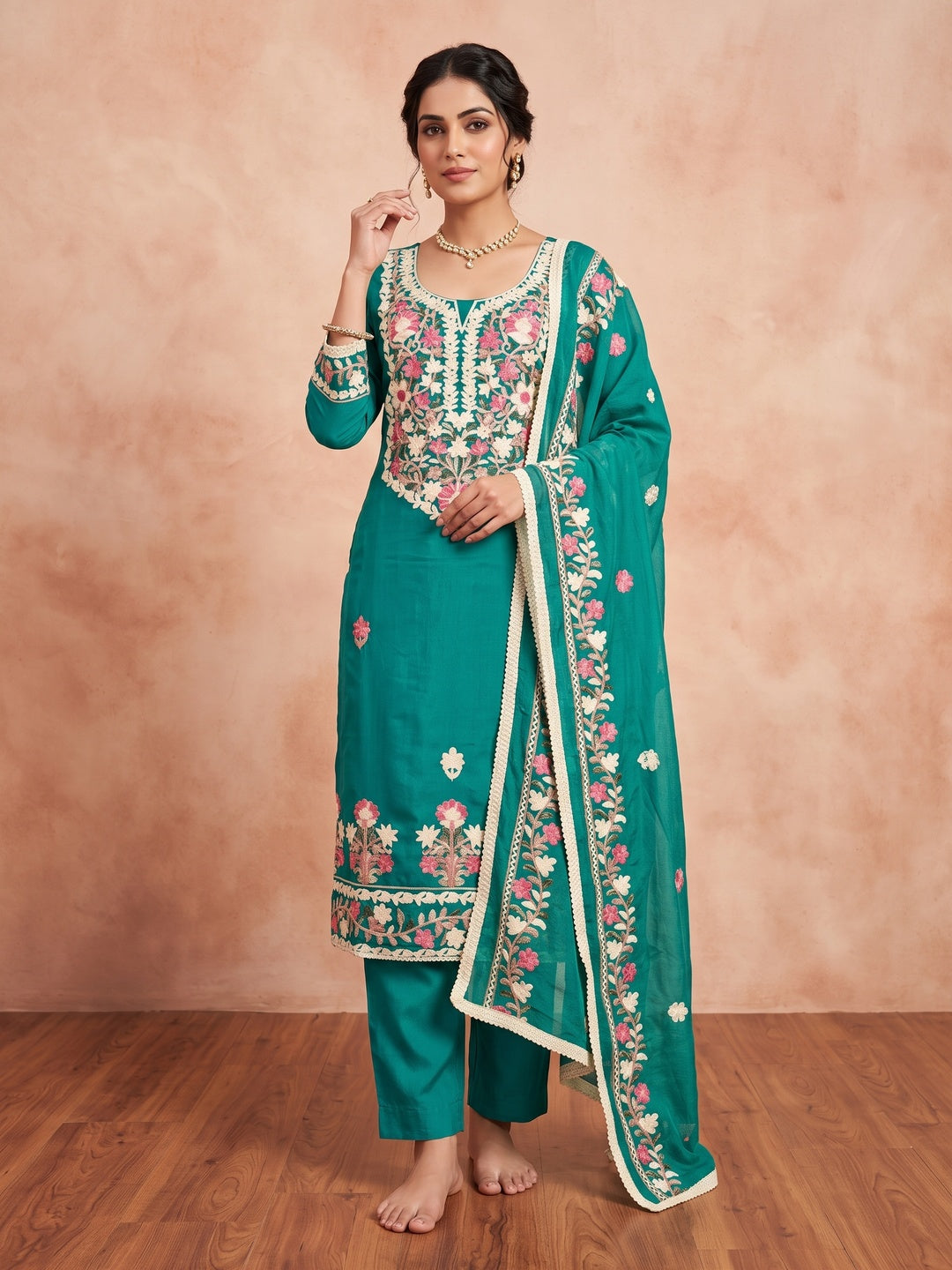 Peachmode Teal Floral Embroidered Roman Silk Dress Material - Image 1