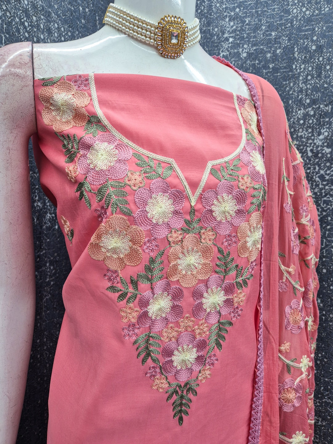 Peachmode Pink Floral Embroidered Roman Silk Dress Material - Image 3