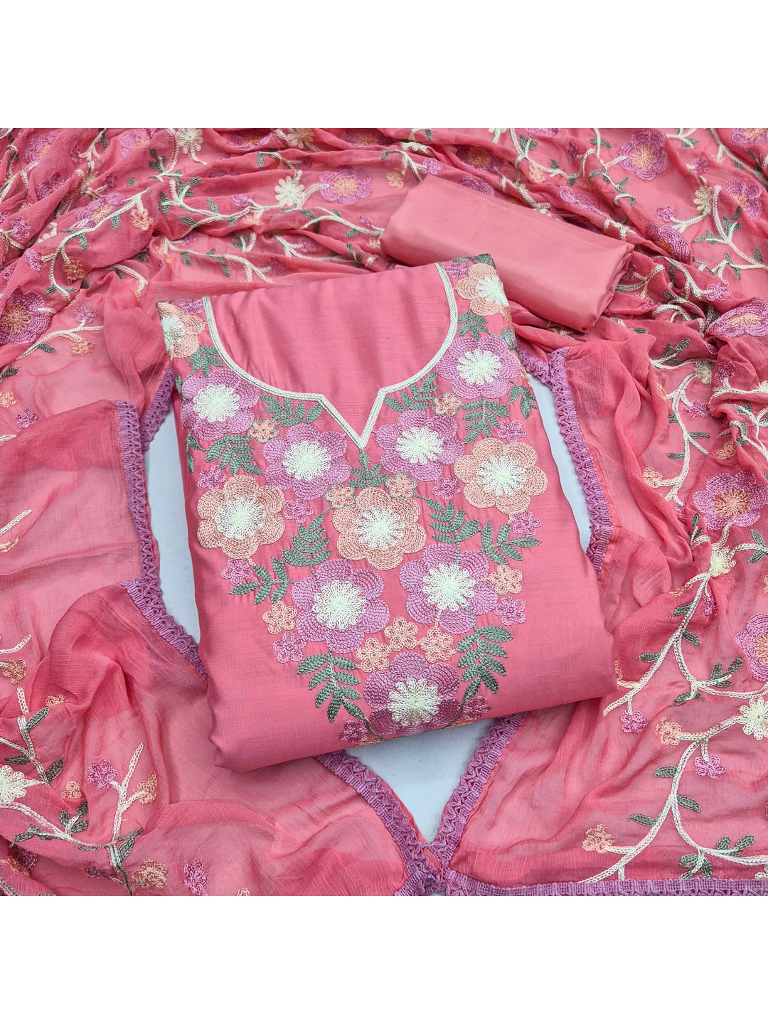 Peachmode Pink Floral Embroidered Roman Silk Dress Material - Image 4