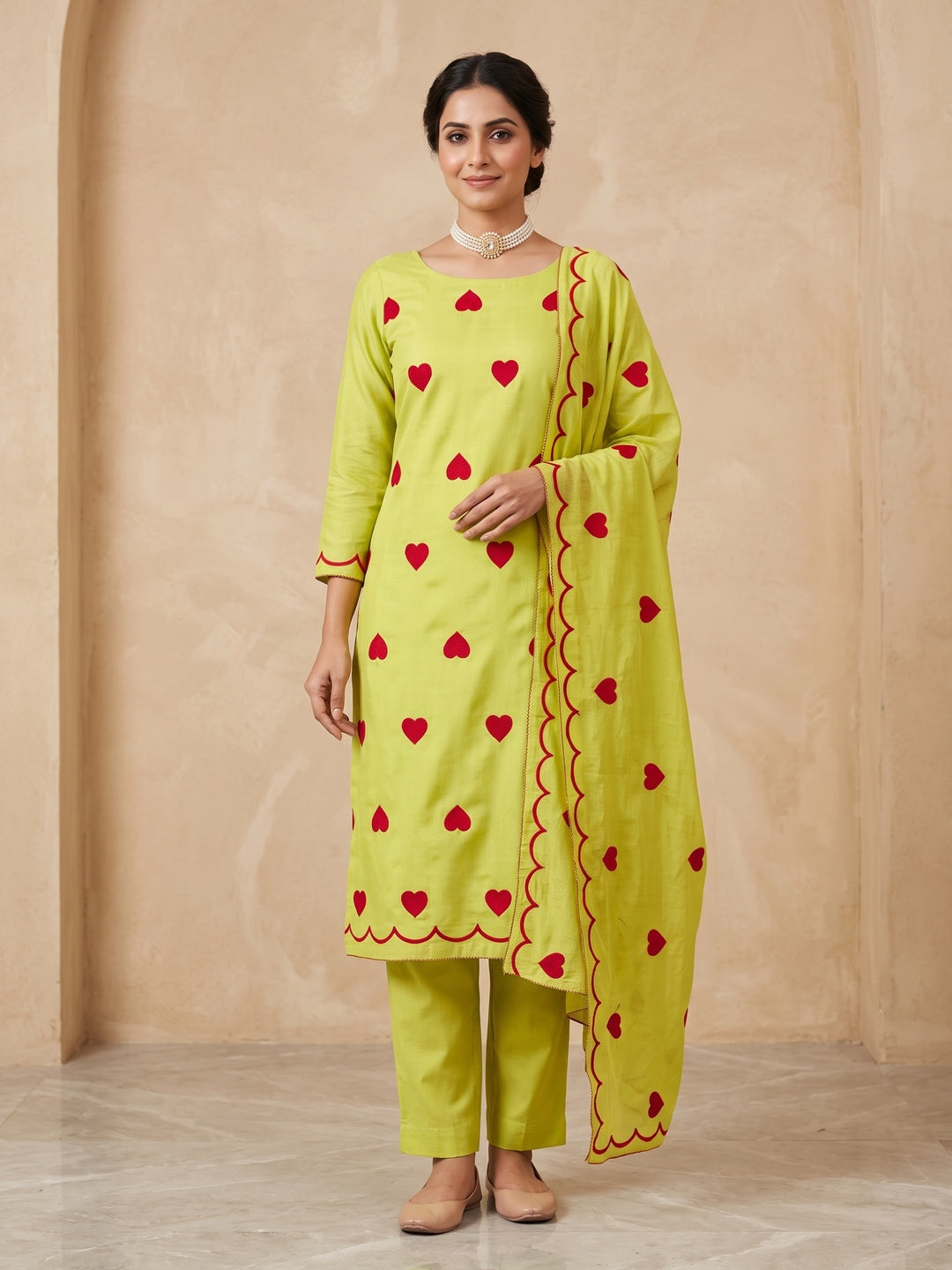 Peachmode Lime Green Heart Embroidered Roman Silk Dress Material - Image 1