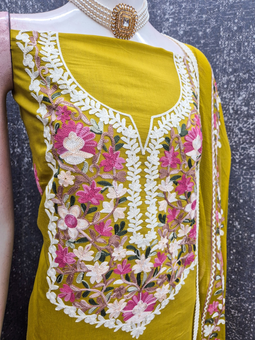 Peachmode Mustard Floral Embroidered Roman Silk Dress Material - Image 3