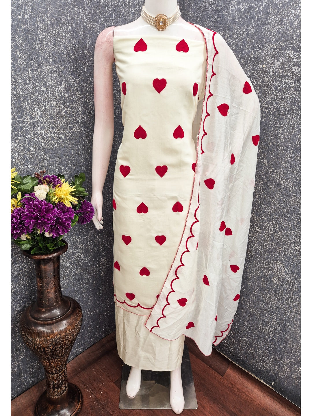 Peachmode Cream Heart Embroidered Roman Silk Dress Material - Image 2