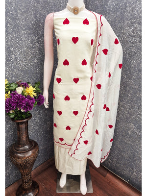 Peachmode Cream Heart Embroidered Roman Silk Dress Material - Image 2