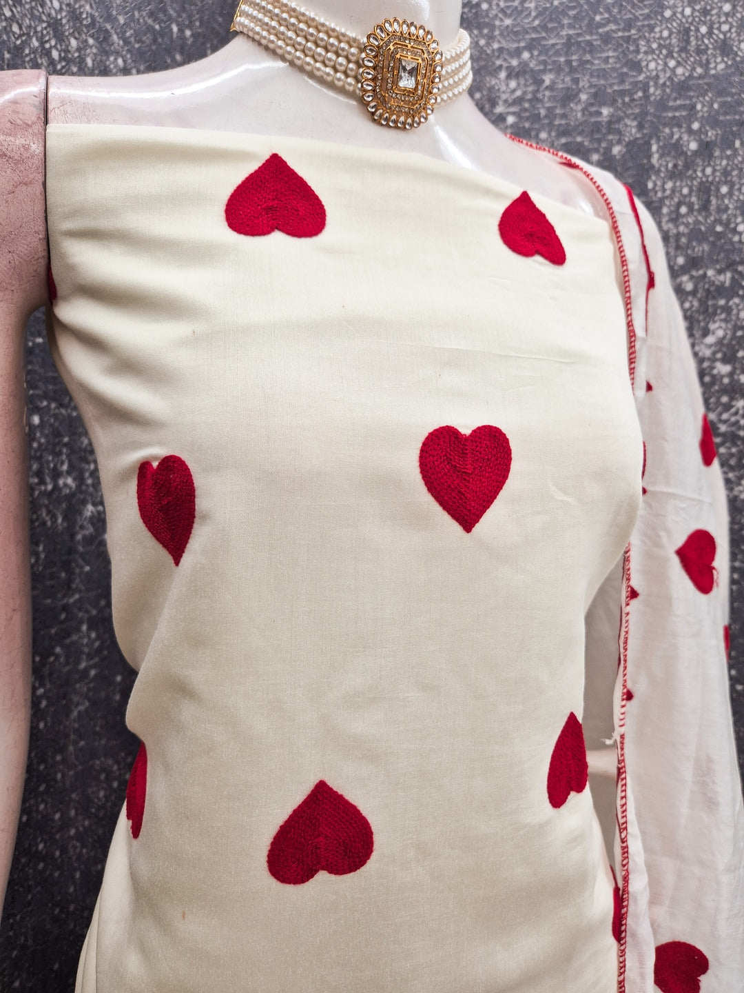 Peachmode Cream Heart Embroidered Roman Silk Dress Material - Image 3