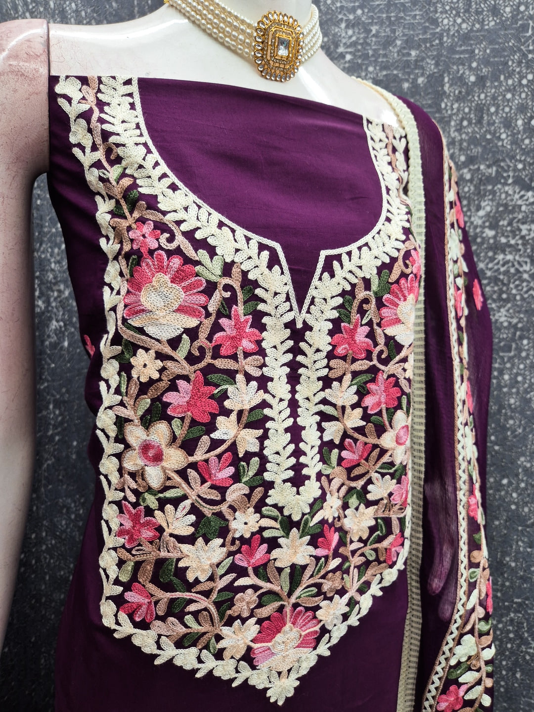 Peachmode Purple Floral Embroidered Roman Silk Dress Material - Image 3