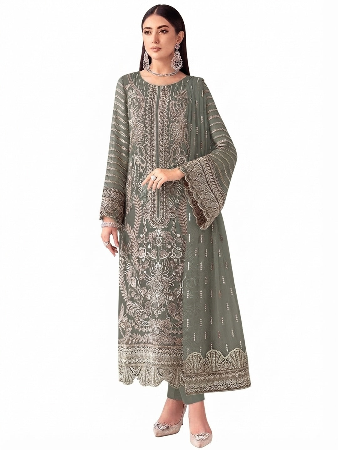 Elegant Grey Embroidered Georgette Semi-Stitched Pakistani Salwar Suit - Flat lay