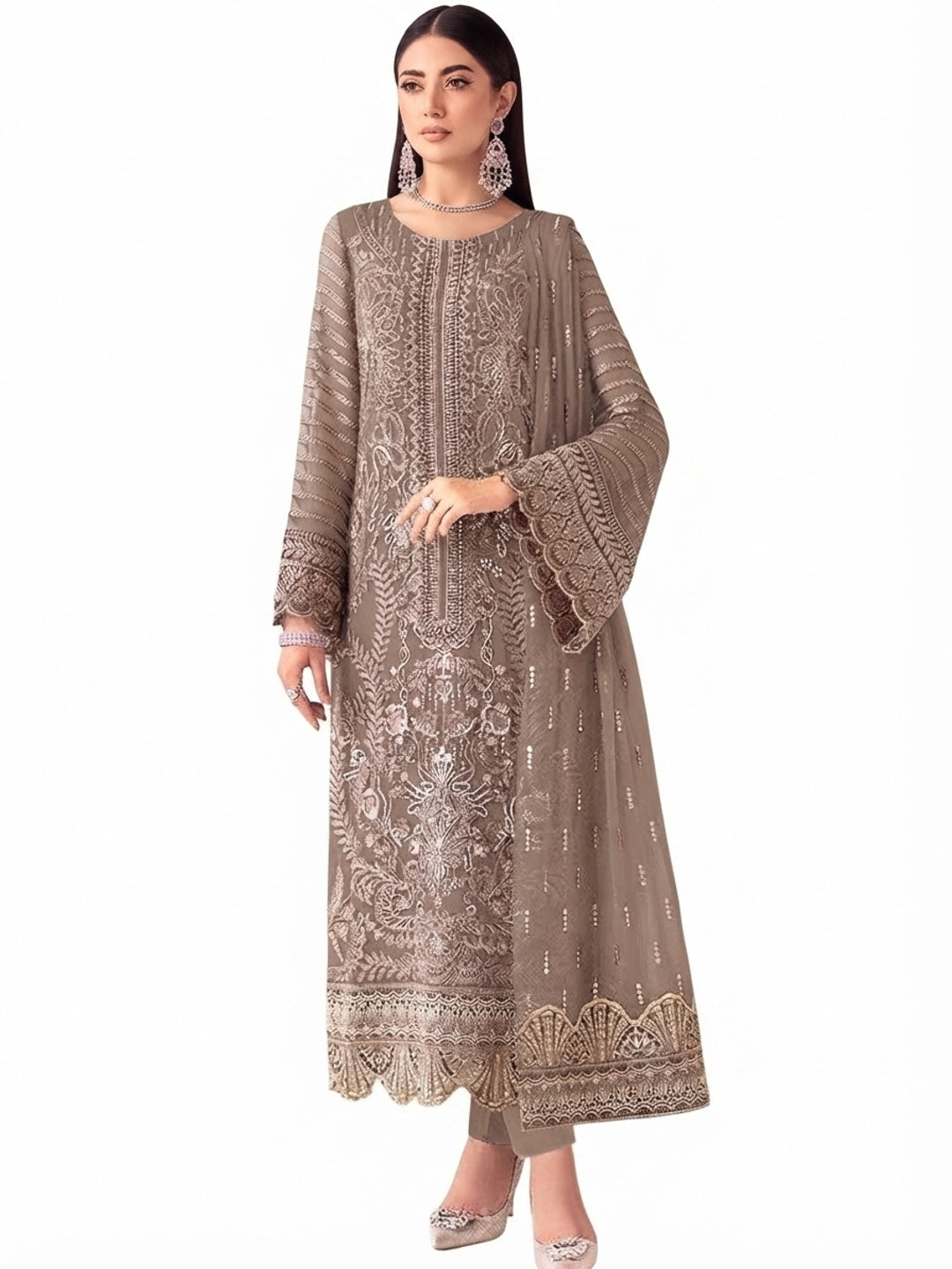 Elegant Brown Embroidered Georgette Semi-Stitched Pakistani Salwar Suit - Flat lay