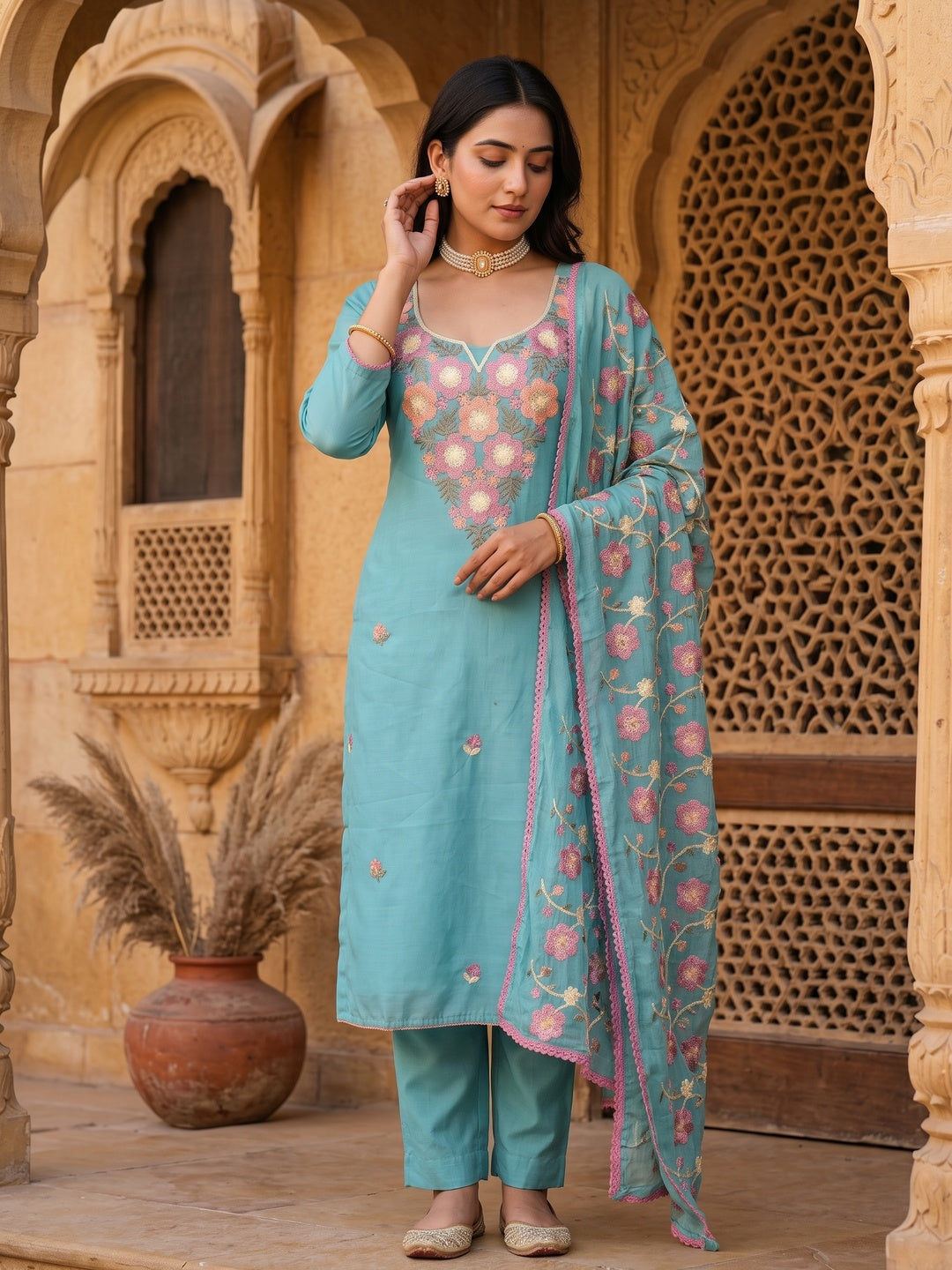 Peachmode Blue Floral Embroidered Roman Silk Dress Material - Image 1