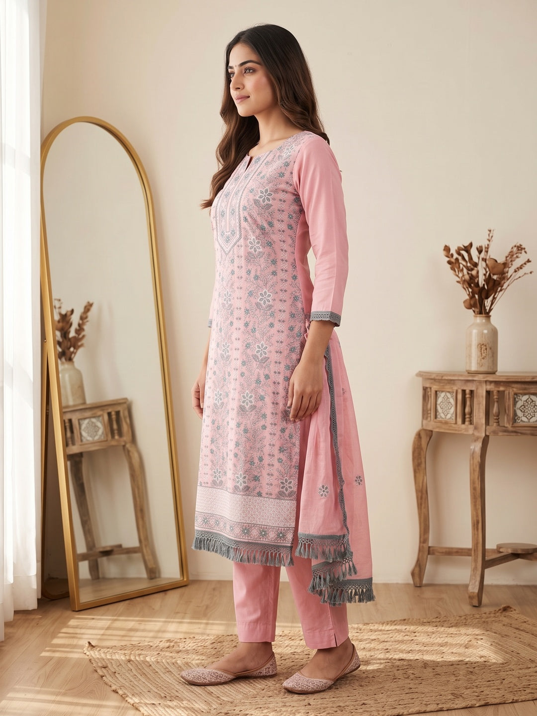 Pink Floral Embroidered Pure Cotton Dress Material - Image 2