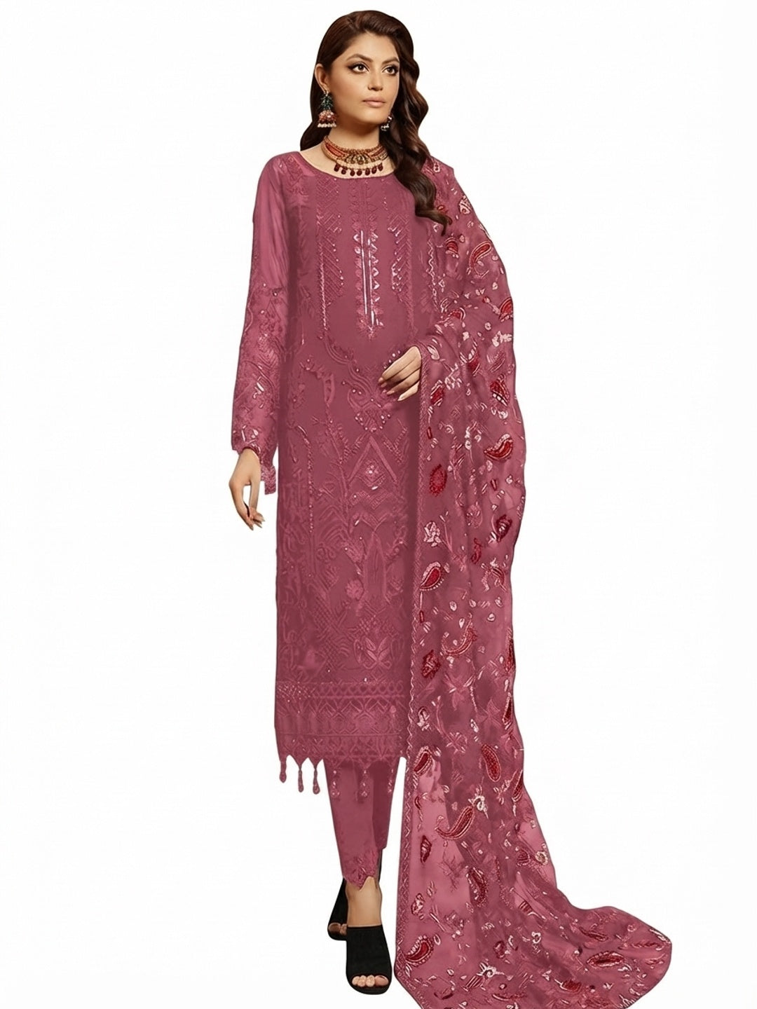 Mauve Embroidered Georgette Semi Stitched Pakistani Suit - Flat lay