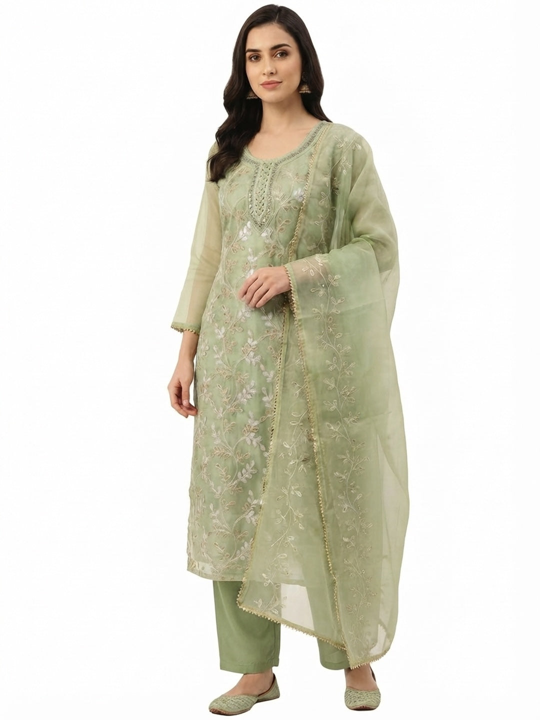Green Embroidered Organza Dress Material - Flat lay