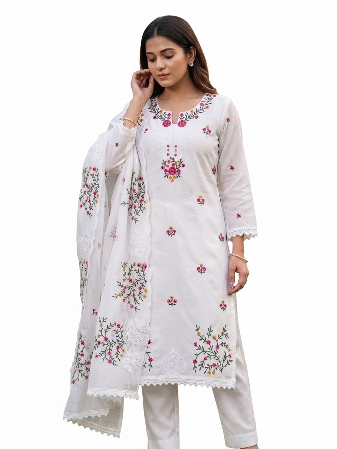 The Perfect Blend of Grace White Floral Sequins Embroidered Chanderi Dress Material - Flat lay