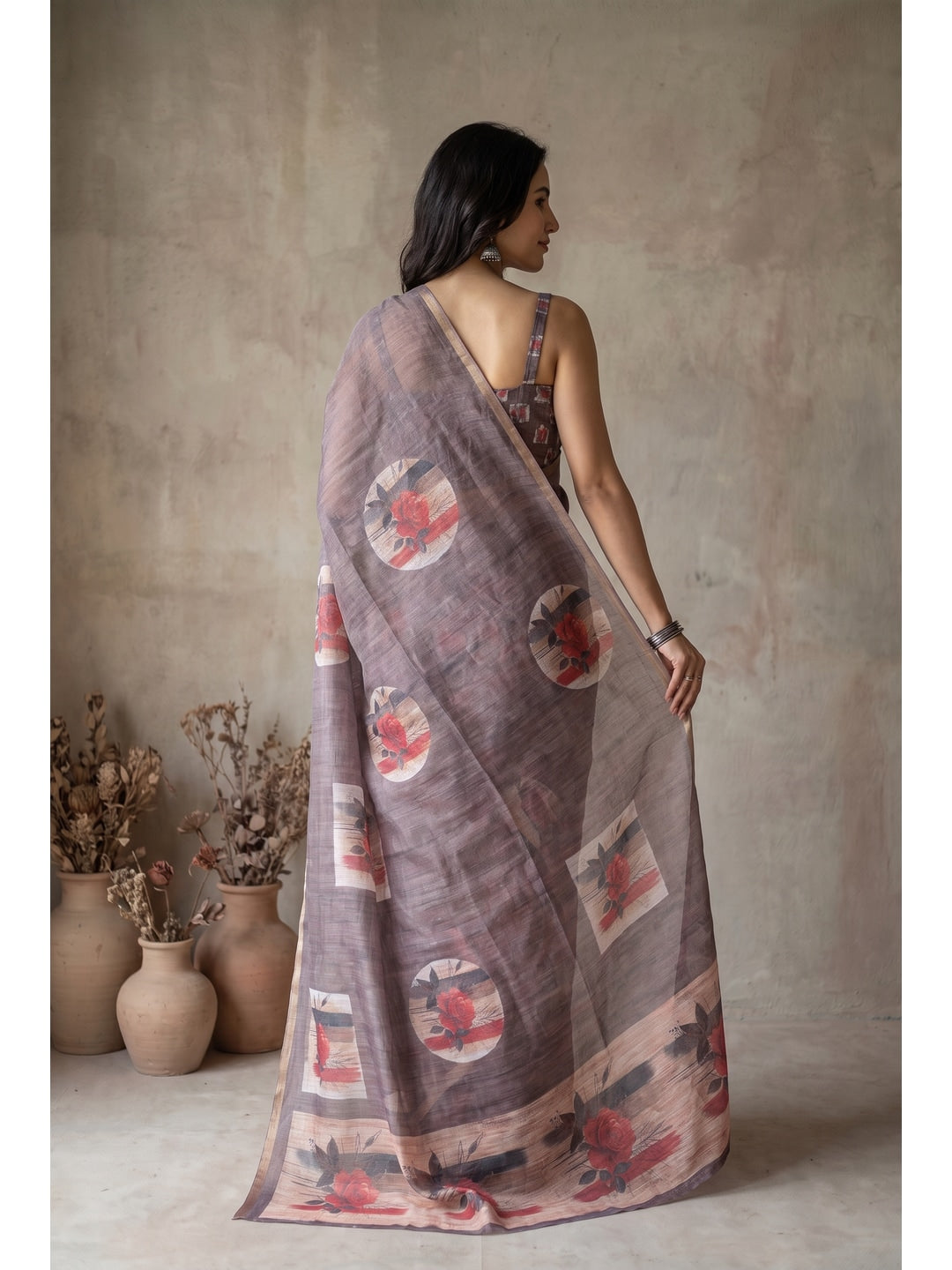 Peachmode Coffee Brown Floral Digital Print Linen Saree - Image 4