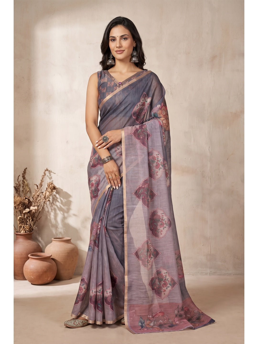 Peachmode Grey Floral Digital Print Linen Saree - Image 1