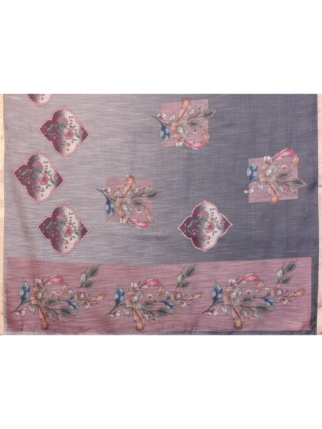 Peachmode Grey Floral Digital Print Linen Saree - Image 5