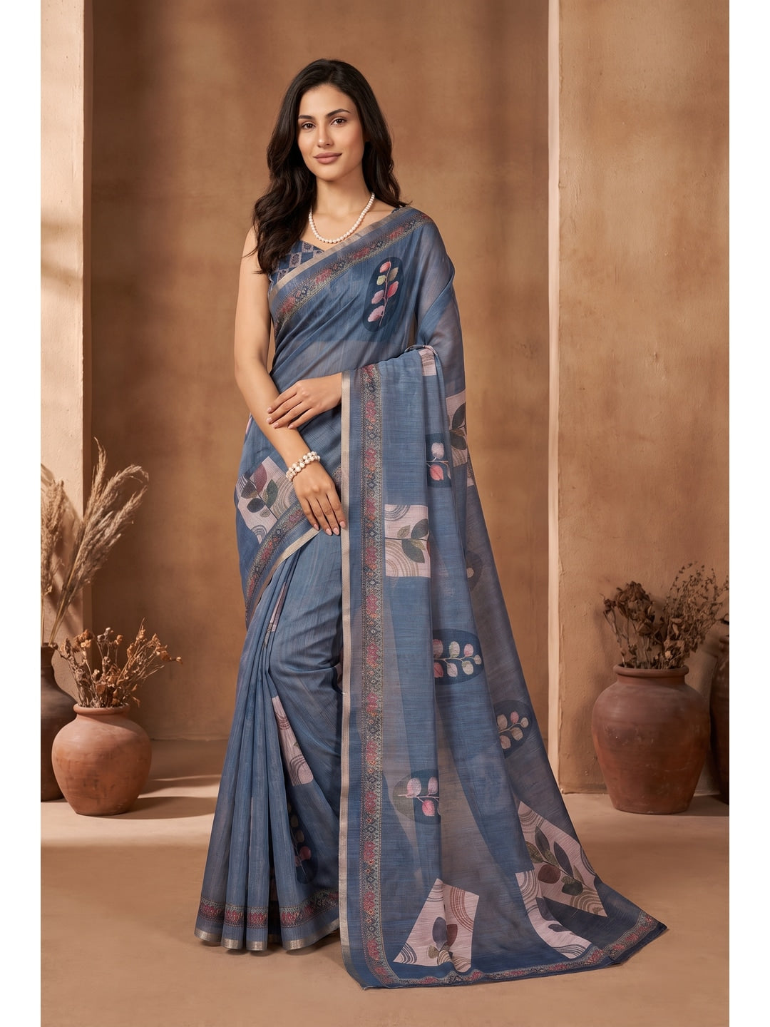 Peachmode Teal Blue Digital Print Linen Saree - Image 1