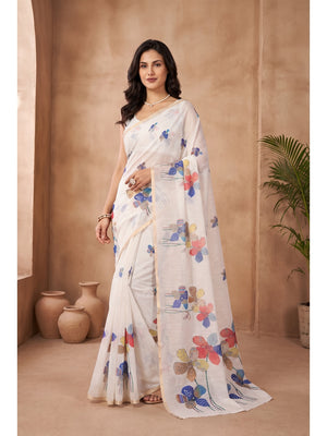 Peachmode White Floral Digital Print Linen Saree - Image 1