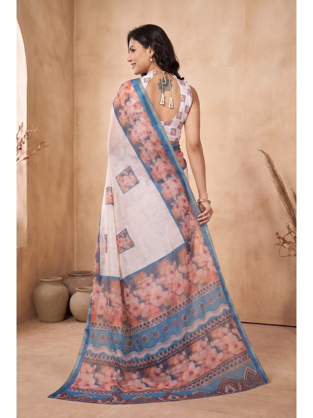 Peachmode White and Sky Blue Floral Digital Print Linen Saree - Image 4