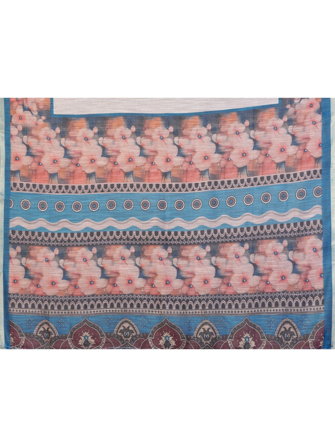 Peachmode White and Sky Blue Floral Digital Print Linen Saree - Image 5